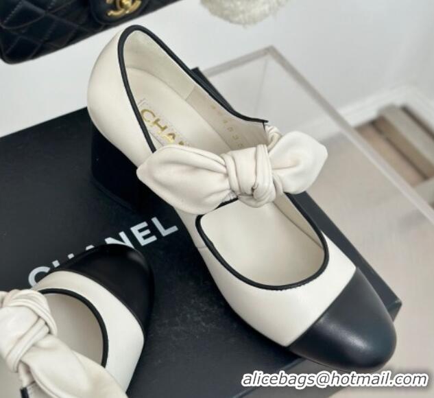 Luxurious Chanel Lambskin & Patent Leather Mary Janes Pumps with Knot Bow White 0103029