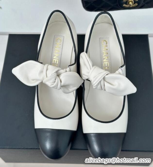 Luxurious Chanel Lambskin & Patent Leather Mary Janes Pumps with Knot Bow White 0103029