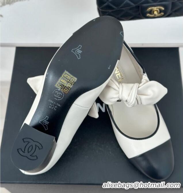 Luxurious Chanel Lambskin & Patent Leather Mary Janes Pumps with Knot Bow White 0103029