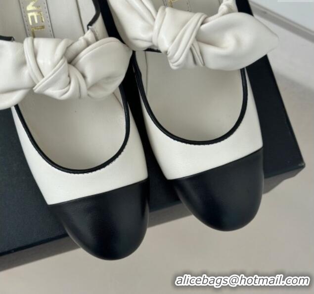 Luxurious Chanel Lambskin & Patent Leather Mary Janes Pumps with Knot Bow White 0103029