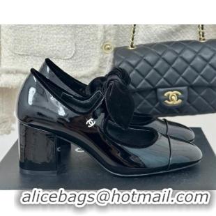 Stylish Chanel Patent Calfskin Leather Mary Janes Pumps with Knot Bow Black 0103030