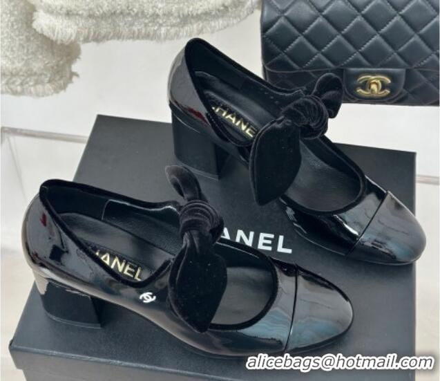 Stylish Chanel Patent Calfskin Leather Mary Janes Pumps with Knot Bow Black 0103030