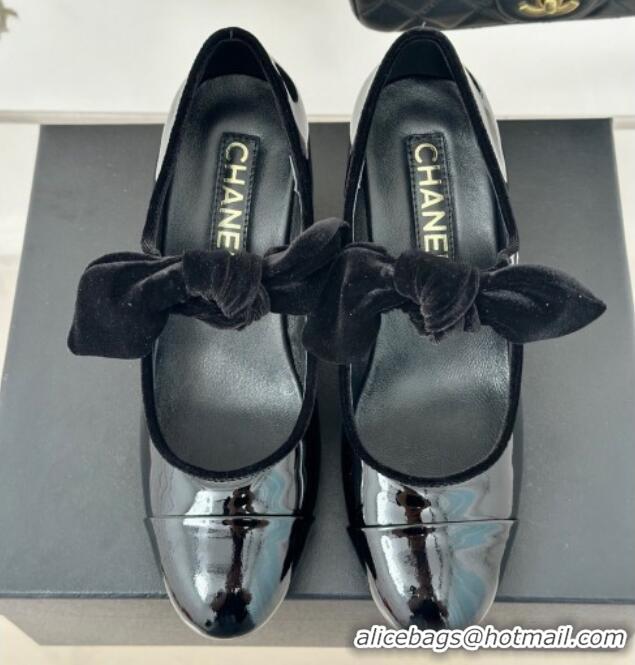 Stylish Chanel Patent Calfskin Leather Mary Janes Pumps with Knot Bow Black 0103030