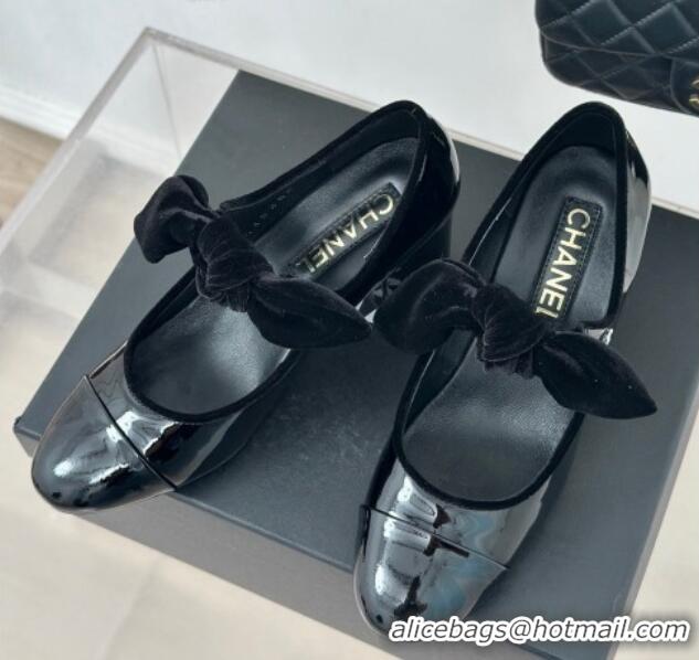 Stylish Chanel Patent Calfskin Leather Mary Janes Pumps with Knot Bow Black 0103030