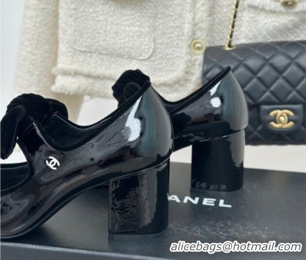 Stylish Chanel Patent Calfskin Leather Mary Janes Pumps with Knot Bow Black 0103030