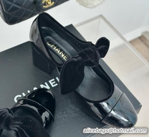 Stylish Chanel Patent Calfskin Leather Mary Janes Pumps with Knot Bow Black 0103030