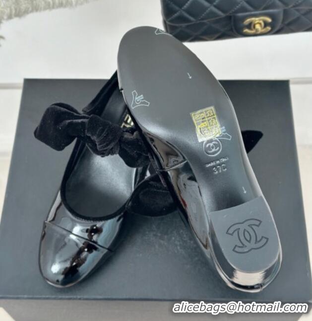 Stylish Chanel Patent Calfskin Leather Mary Janes Pumps with Knot Bow Black 0103030