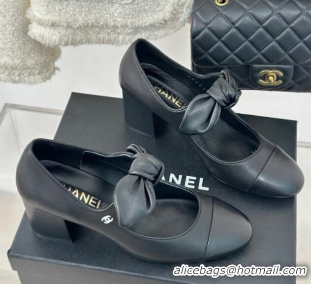 Perfect Chanel Lambskin & Patent Leather Mary Janes Pumps with Knot Bow Black 0103032