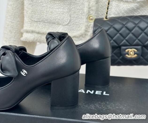 Perfect Chanel Lambskin & Patent Leather Mary Janes Pumps with Knot Bow Black 0103032