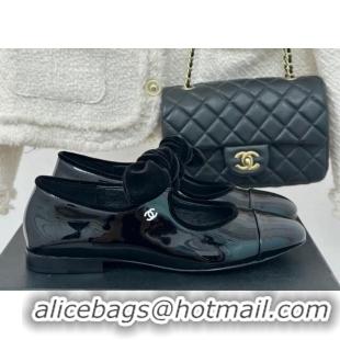 Best Product Chanel Patent Calfskin Leather Mary Janes Ballet Flats with Knot Bow Black 0103033