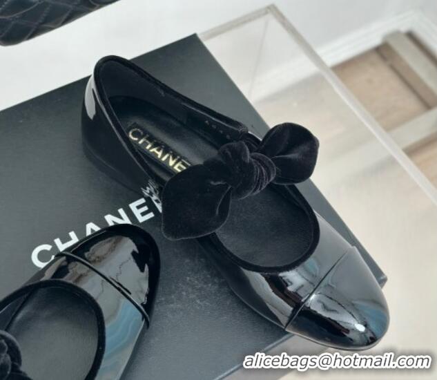 Best Product Chanel Patent Calfskin Leather Mary Janes Ballet Flats with Knot Bow Black 0103033