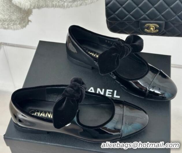 Best Product Chanel Patent Calfskin Leather Mary Janes Ballet Flats with Knot Bow Black 0103033