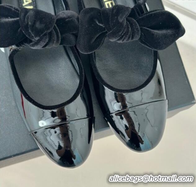 Best Product Chanel Patent Calfskin Leather Mary Janes Ballet Flats with Knot Bow Black 0103033