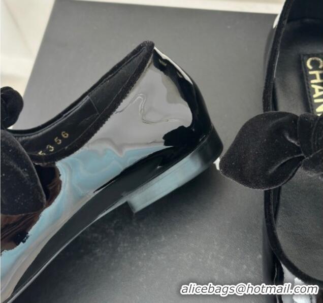 Best Product Chanel Patent Calfskin Leather Mary Janes Ballet Flats with Knot Bow Black 0103033