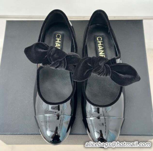 Best Product Chanel Patent Calfskin Leather Mary Janes Ballet Flats with Knot Bow Black 0103033