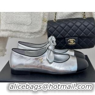 Grade Chanel Lambskin & Patent Leather Mary Janes Ballet Flats with Knot Bow Silver 0103034