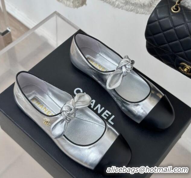 Grade Chanel Lambskin & Patent Leather Mary Janes Ballet Flats with Knot Bow Silver 0103034