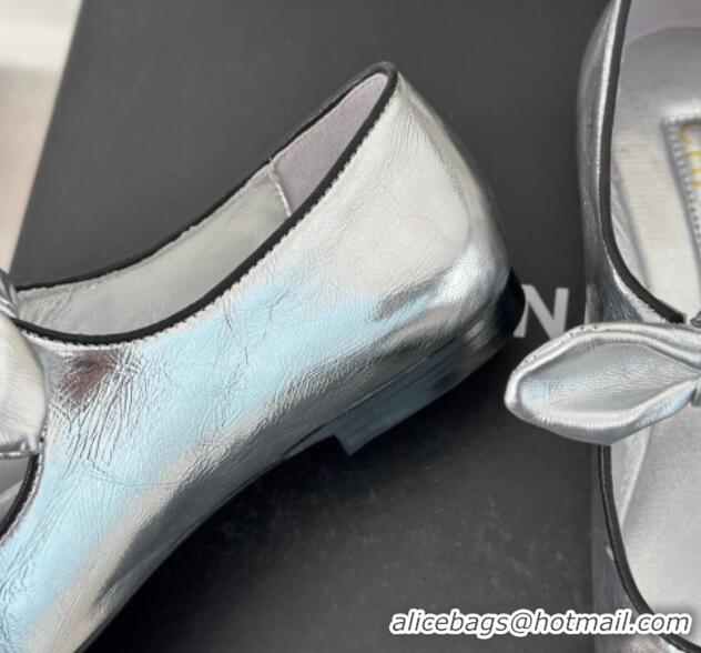 Grade Chanel Lambskin & Patent Leather Mary Janes Ballet Flats with Knot Bow Silver 0103034