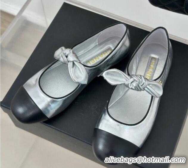 Grade Chanel Lambskin & Patent Leather Mary Janes Ballet Flats with Knot Bow Silver 0103034