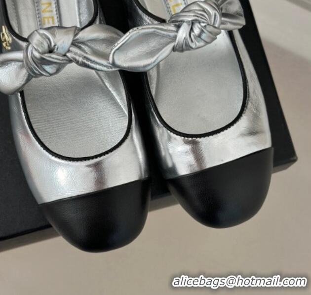 Grade Chanel Lambskin & Patent Leather Mary Janes Ballet Flats with Knot Bow Silver 0103034