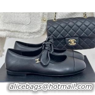 Duplicate Chanel Lambskin & Patent Leather Mary Janes Ballet Flats with Knot Bow Black 0103035