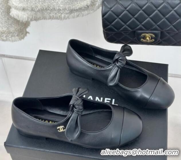 Duplicate Chanel Lambskin & Patent Leather Mary Janes Ballet Flats with Knot Bow Black 0103035