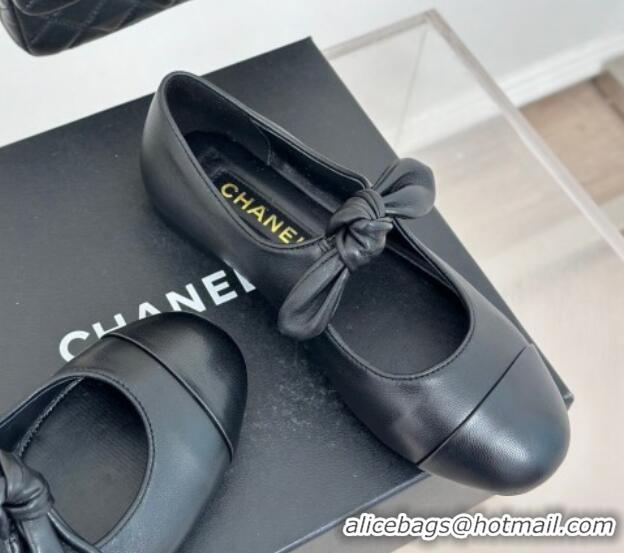 Duplicate Chanel Lambskin & Patent Leather Mary Janes Ballet Flats with Knot Bow Black 0103035