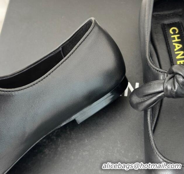 Duplicate Chanel Lambskin & Patent Leather Mary Janes Ballet Flats with Knot Bow Black 0103035