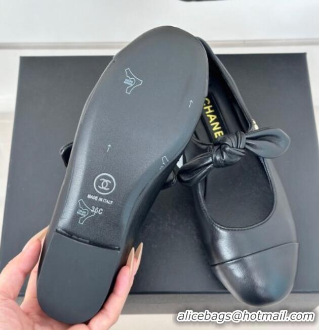 Duplicate Chanel Lambskin & Patent Leather Mary Janes Ballet Flats with Knot Bow Black 0103035