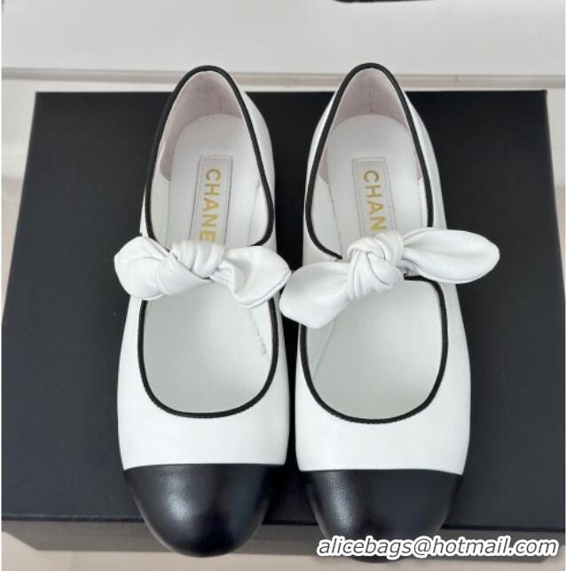 Top Grade Chanel Lambskin & Patent Leather Mary Janes Ballet Flats with Knot Bow White 0103036