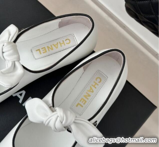 Top Grade Chanel Lambskin & Patent Leather Mary Janes Ballet Flats with Knot Bow White 0103036