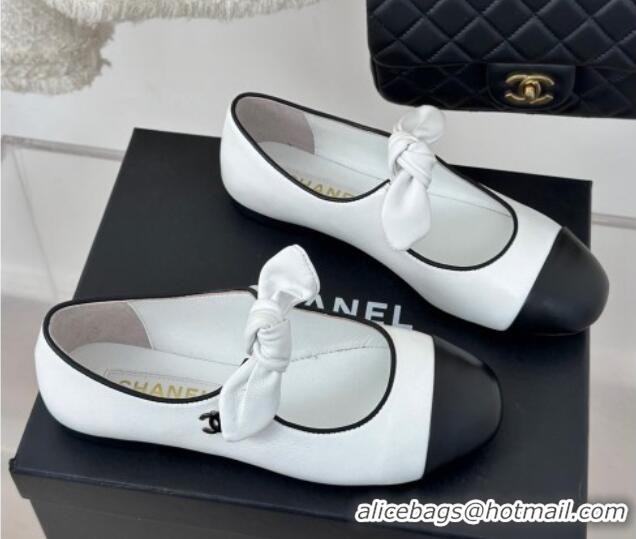 Top Grade Chanel Lambskin & Patent Leather Mary Janes Ballet Flats with Knot Bow White 0103036