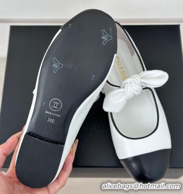 Top Grade Chanel Lambskin & Patent Leather Mary Janes Ballet Flats with Knot Bow White 0103036