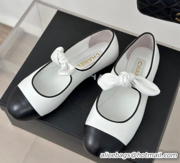 Top Grade Chanel Lambskin & Patent Leather Mary Janes Ballet Flats with Knot Bow White 0103036