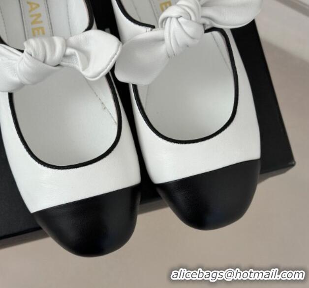 Top Grade Chanel Lambskin & Patent Leather Mary Janes Ballet Flats with Knot Bow White 0103036