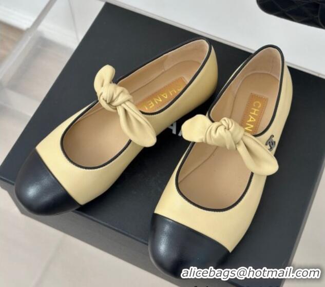 Classic Hot Chanel Lambskin & Patent Leather Mary Janes Ballet Flats with Knot Bow Beige 0103037