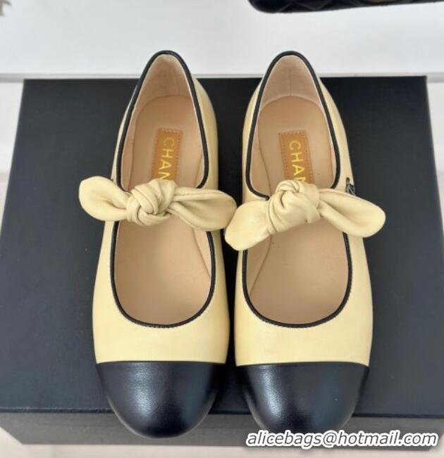 Classic Hot Chanel Lambskin & Patent Leather Mary Janes Ballet Flats with Knot Bow Beige 0103037