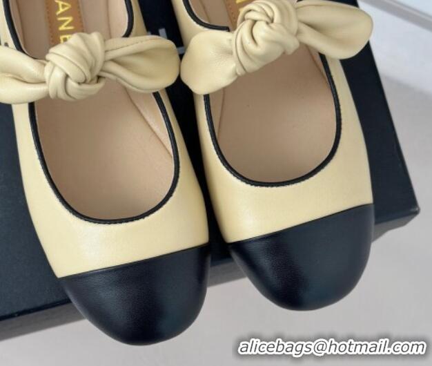 Classic Hot Chanel Lambskin & Patent Leather Mary Janes Ballet Flats with Knot Bow Beige 0103037