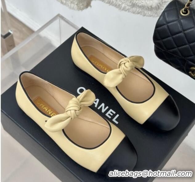 Classic Hot Chanel Lambskin & Patent Leather Mary Janes Ballet Flats with Knot Bow Beige 0103037