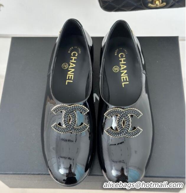 Unique Style Chanel Patent Calfskin Loafers Flat with CC Black 0103038