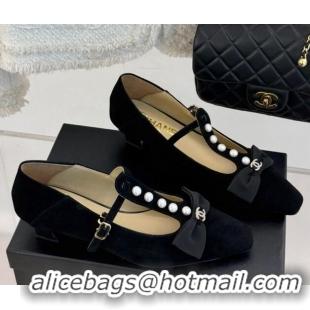 Big Discount Chanel Velvet Mary Janes Pumps with Pearls and Bow Black 0103040