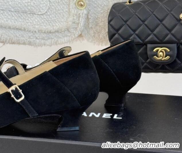 Big Discount Chanel Velvet Mary Janes Pumps with Pearls and Bow Black 0103040