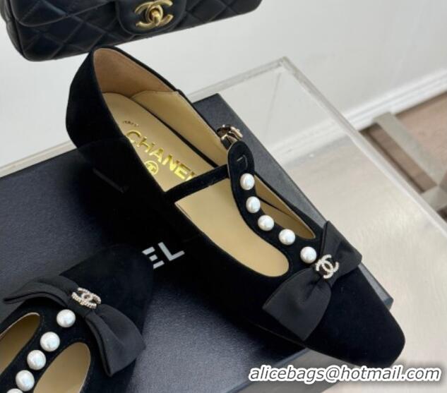 Big Discount Chanel Velvet Mary Janes Pumps with Pearls and Bow Black 0103040