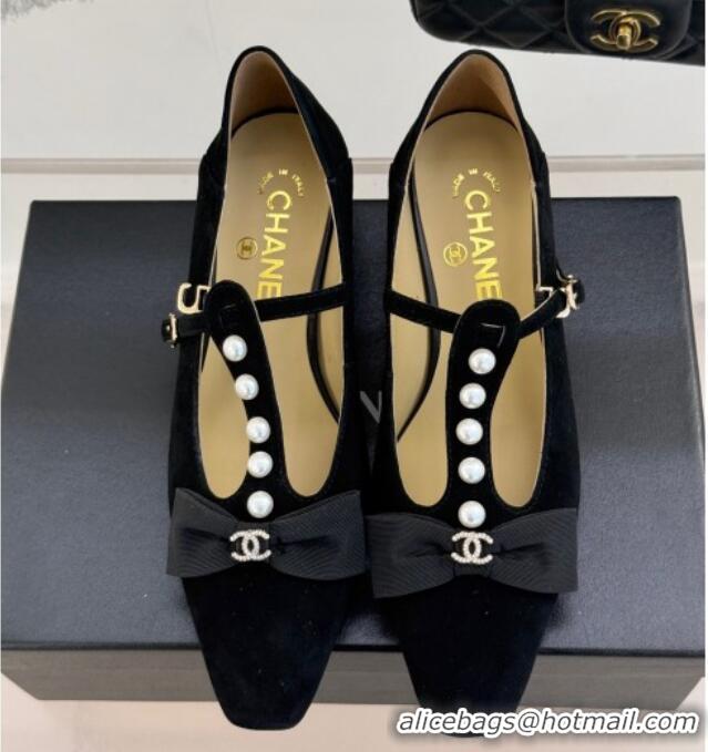 Big Discount Chanel Velvet Mary Janes Pumps with Pearls and Bow Black 0103040