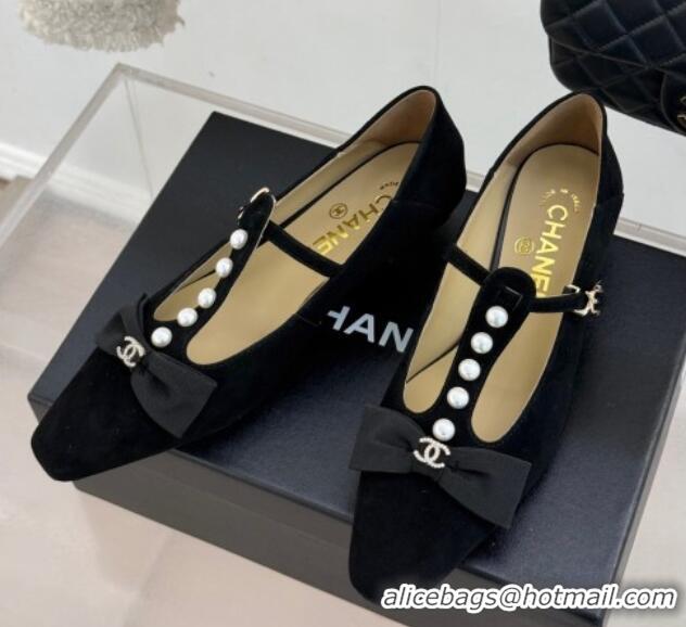 Big Discount Chanel Velvet Mary Janes Pumps with Pearls and Bow Black 0103040