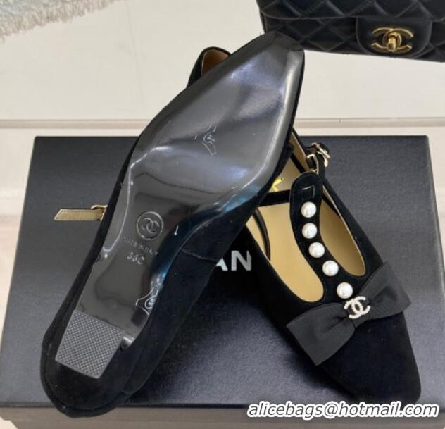 Big Discount Chanel Velvet Mary Janes Pumps with Pearls and Bow Black 0103040