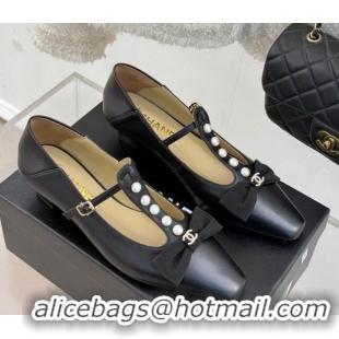 Shop Cheap Chanel Lambskin Mary Janes Pumps with Pearls and Bow Black 0103041