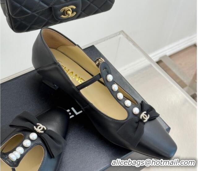 Shop Cheap Chanel Lambskin Mary Janes Pumps with Pearls and Bow Black 0103041