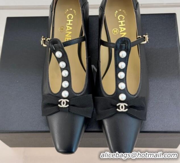 Shop Cheap Chanel Lambskin Mary Janes Pumps with Pearls and Bow Black 0103041