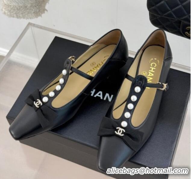 Shop Cheap Chanel Lambskin Mary Janes Pumps with Pearls and Bow Black 0103041